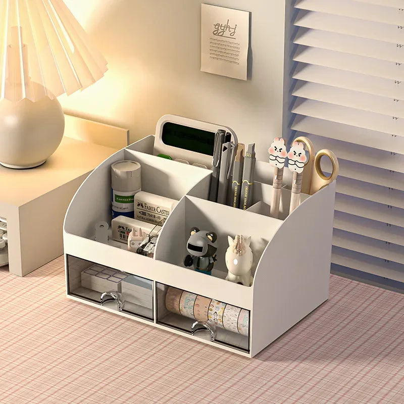 Office stationery storage box with 2 drawers, document organizer rack, cosmetic storage container, student supplies.