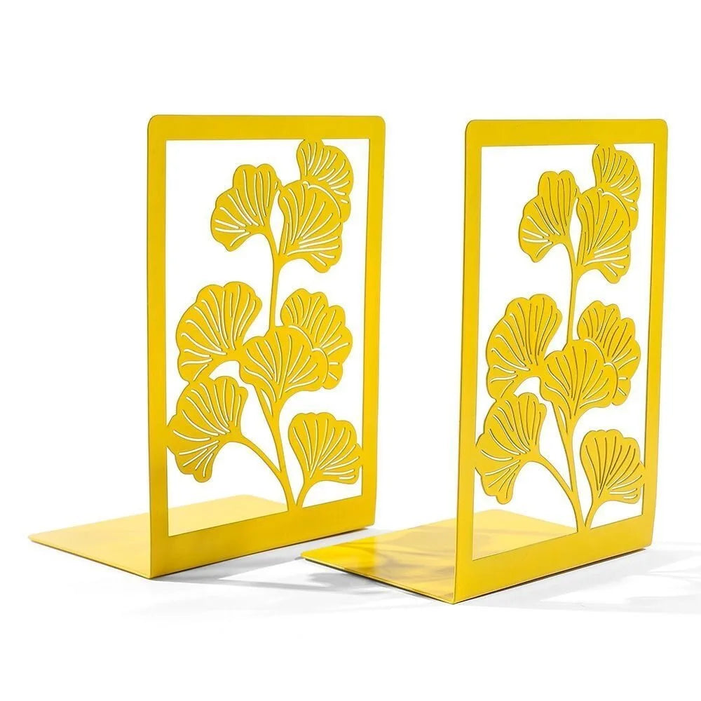 1Pair Office Supplies Metal Ginkgo Leaf Bookends Stylish Bring Luck Book Rack Bookshelf Office Desktop