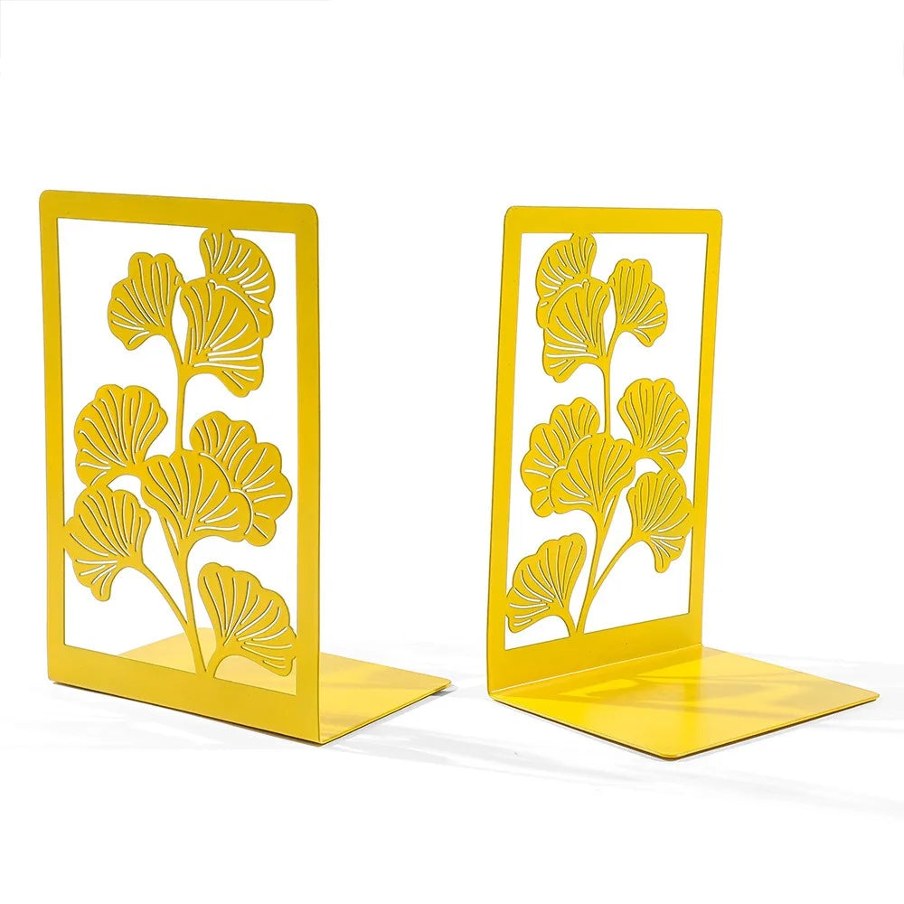 1Pair Office Supplies Metal Ginkgo Leaf Bookends Stylish Bring Luck Book Rack Bookshelf Office Desktop