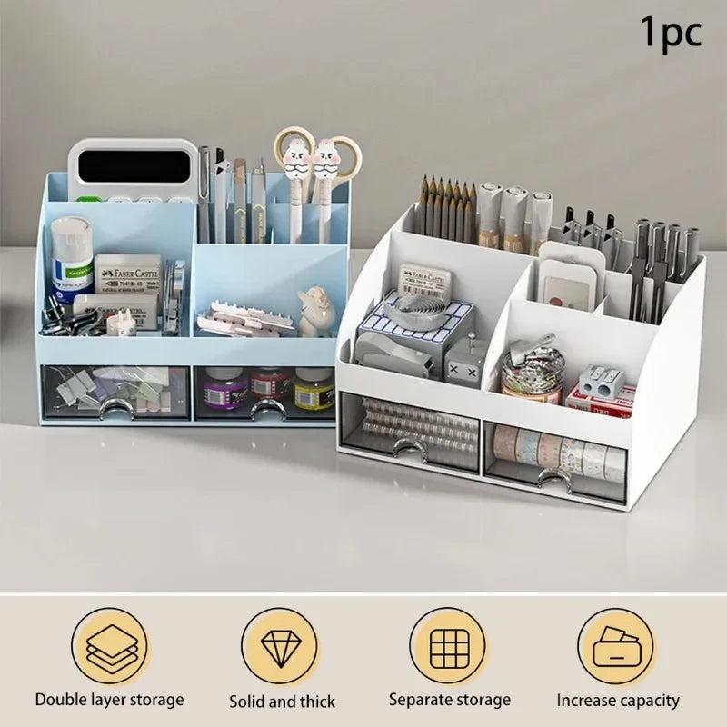 Office stationery storage box with 2 drawers, document organizer rack, cosmetic storage container, student supplies.