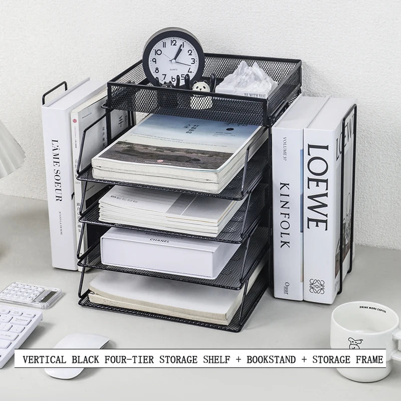 Desk storage and accessories, 4-tier paper trust tray storage box with file holder, desk storage office supplies, desk storge