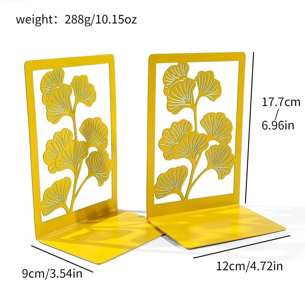 1Pair Office Supplies Metal Ginkgo Leaf Bookends Stylish Bring Luck Book Rack Bookshelf Office Desktop