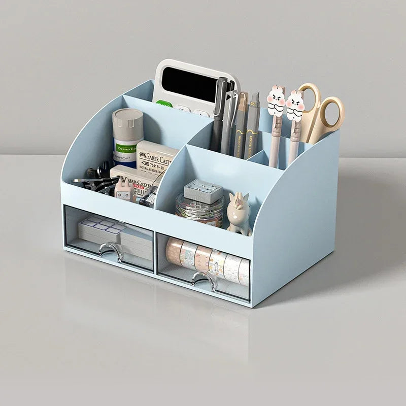 Office stationery storage box with 2 drawers, document organizer rack, cosmetic storage container, student supplies.