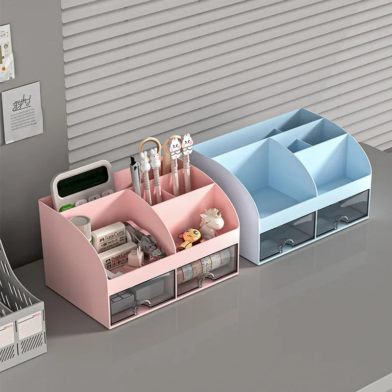 Office stationery storage box with 2 drawers, document organizer rack, cosmetic storage container, student supplies.