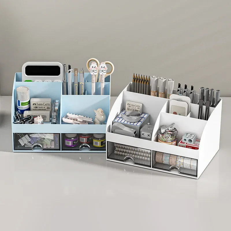 Office stationery storage box with 2 drawers, document organizer rack, cosmetic storage container, student supplies.