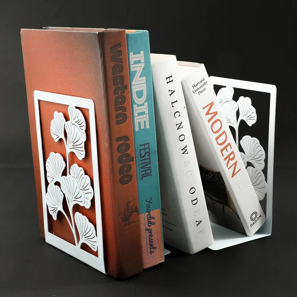 1Pair Office Supplies Metal Ginkgo Leaf Bookends Stylish Bring Luck Book Rack Bookshelf Office Desktop