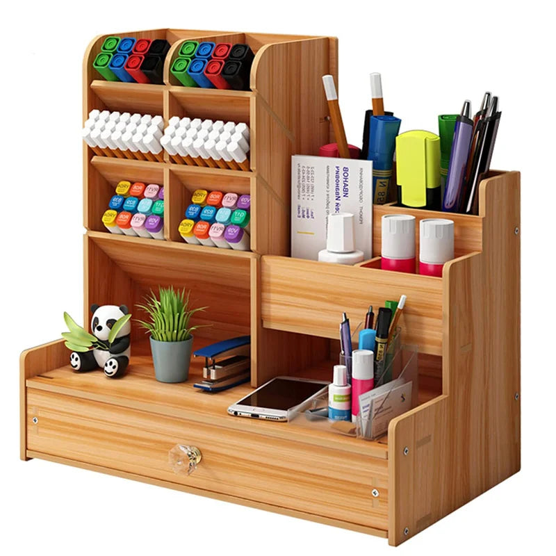Wooden Desk Organiser DIY Desktop Tidy Pen Holder Large Capacity Stationery Storage Box with Drawer for Home Office and School