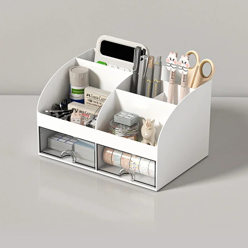 Office stationery storage box with 2 drawers, document organizer rack, cosmetic storage container, student supplies.
